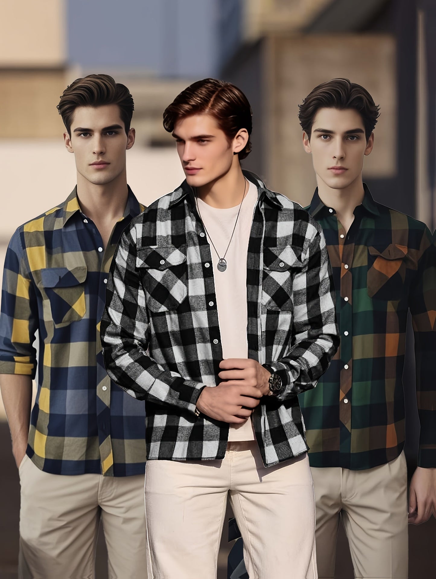 Chemise à Carreaux Homme Manches Longues à Col Classique et Poches Poitrine