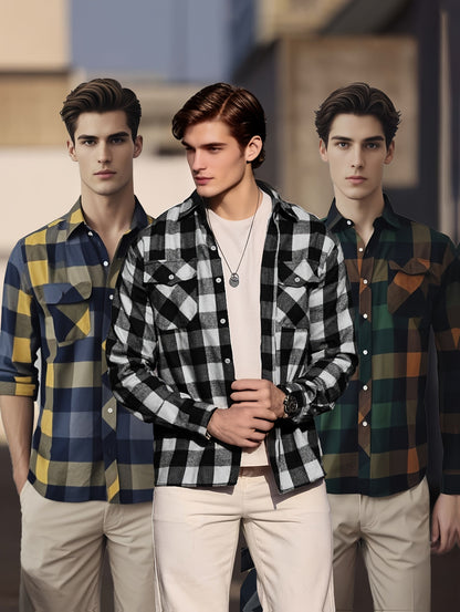 Chemise à Carreaux Homme Manches Longues à Col Classique et Poches Poitrine