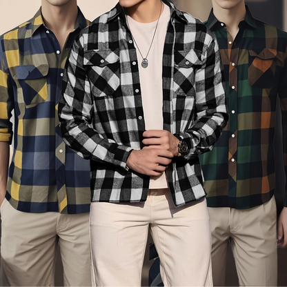 Chemise à Carreaux Homme Manches Longues à Col Classique et Poches Poitrine