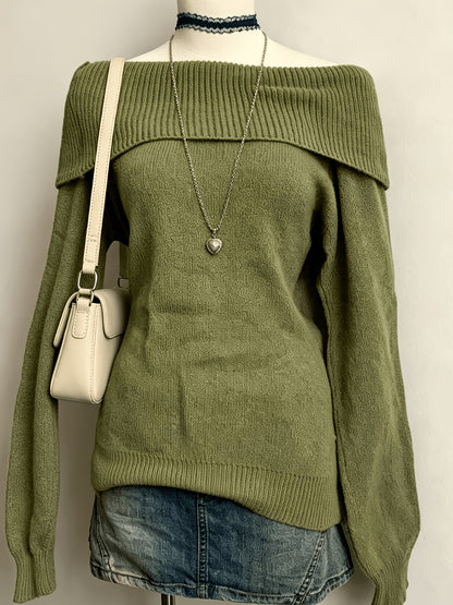 Pull Femme Épaules Dénudées Vert Kaki Tricot Doux Col Rabattu