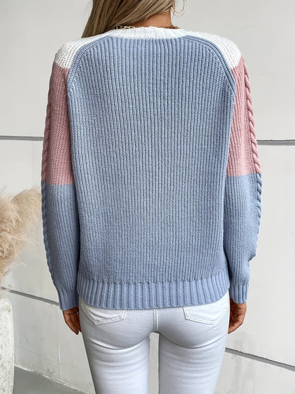 Pull en maille tressée multicolore col rond Femme