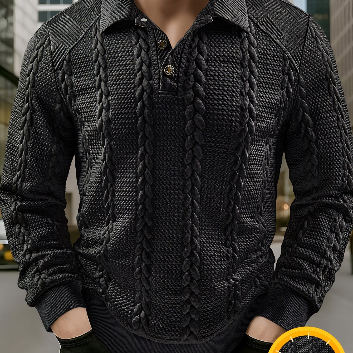 Polo homme tricoté à manches longues noir, col texturé, motif torsadé