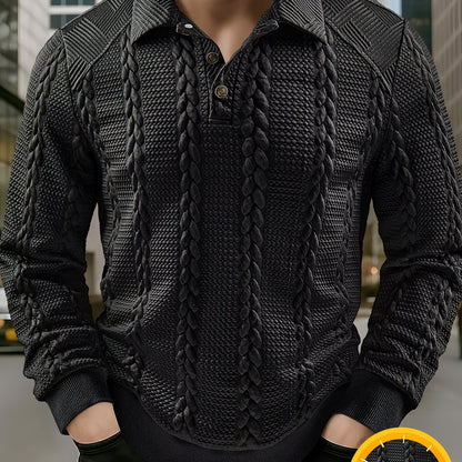 Polo homme tricoté à manches longues noir, col texturé, motif torsadé