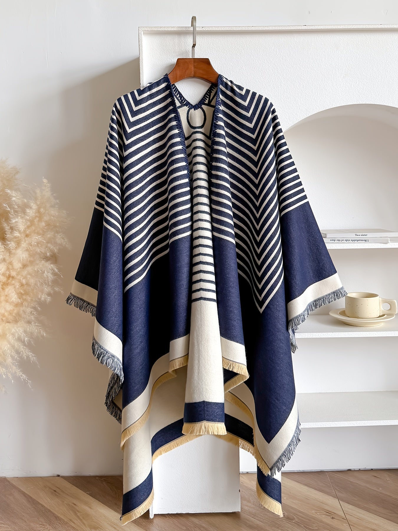 Women's Striped Fringe Trim Open Front Wrap Poncho Cape