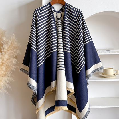 Women's Striped Fringe Trim Open Front Wrap Poncho Cape