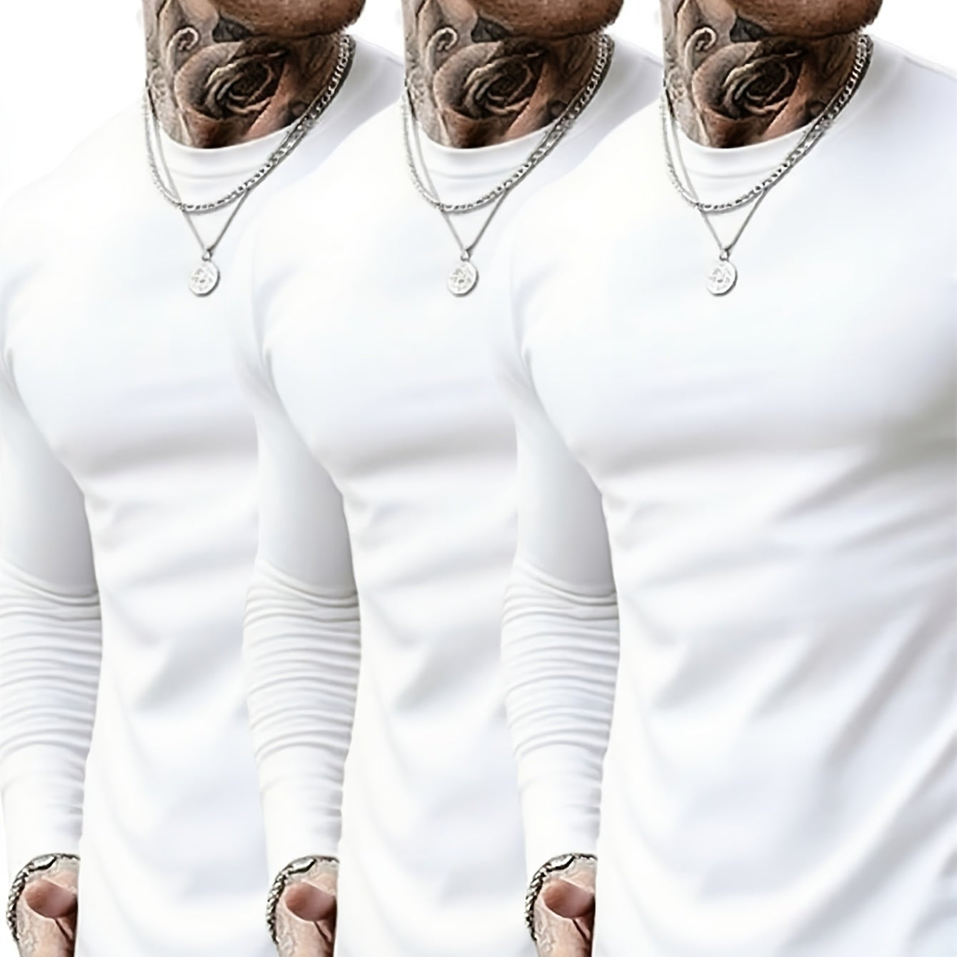 Lot de 3 T-shirts Homme Manches Longues Unis Cou Ras-du-cou Noir Gris Blanc