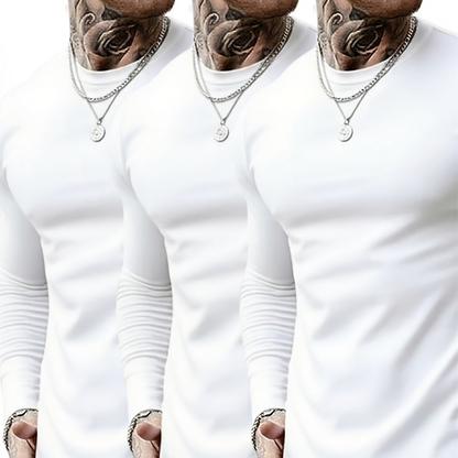 Lot de 3 T-shirts Homme Manches Longues Unis Cou Ras-du-cou Noir Gris Blanc