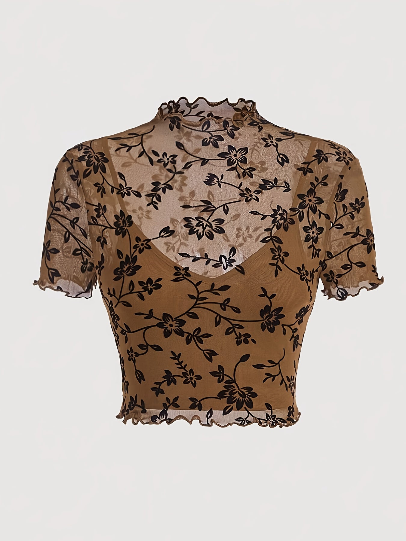 Top donna stile elegante con stampa floreale trasparente e collo alto