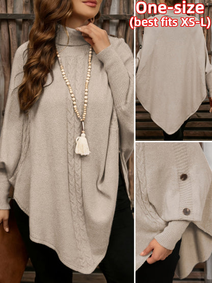 Pull poncho en tricot à col roulé et tresses avec boutons décoratifs pour femme
