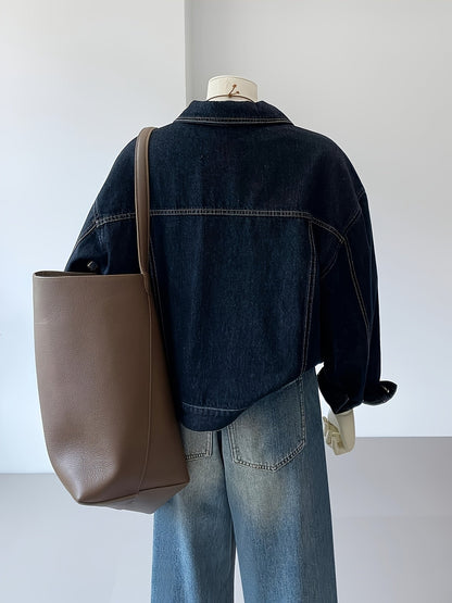 Veste en jean femme bleu foncé coupe courte et ample avec coutures apparentes