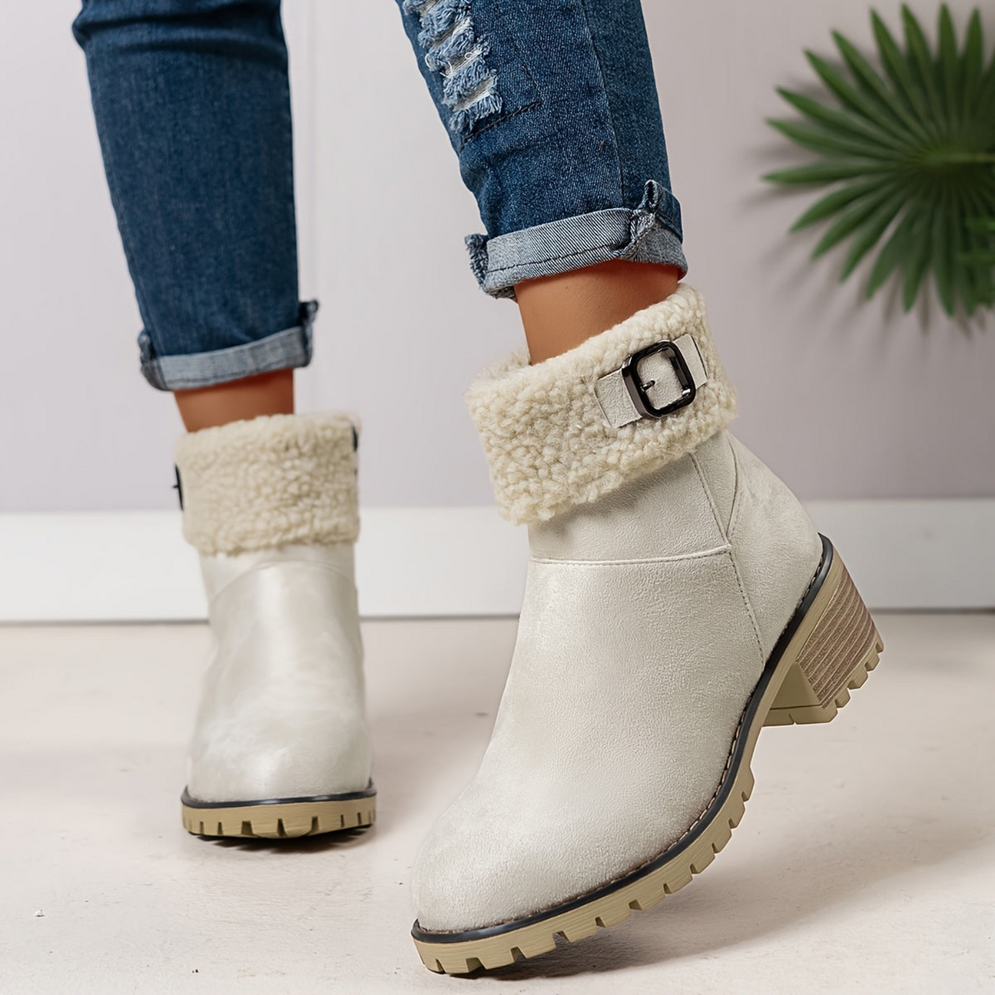 Bottines femme doublées imitation fourrure avec boucle décorative et semelle crantée à talon bloc
