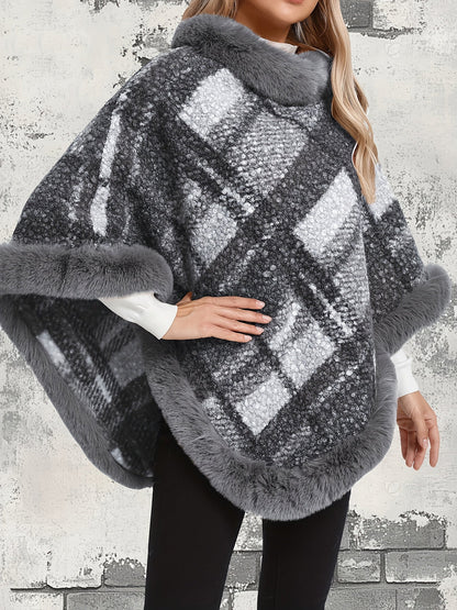 Poncho Femme Chaud Motifs Géométriques et Bordures Imitation Fourrure