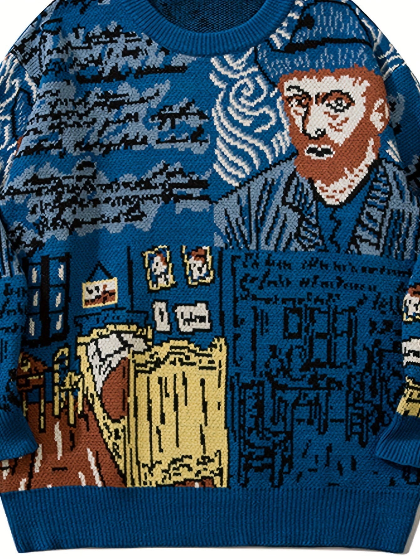 Pull en maille unisexe à motif artistique de portrait et chambre, col rond bleu