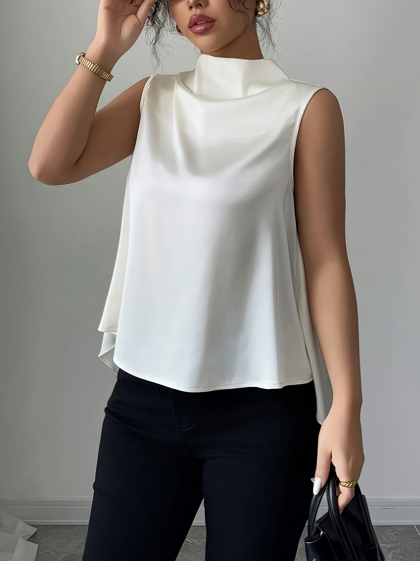 Women's Sleeveless Blouse with High Neck, Elegant Style for Office and Evening