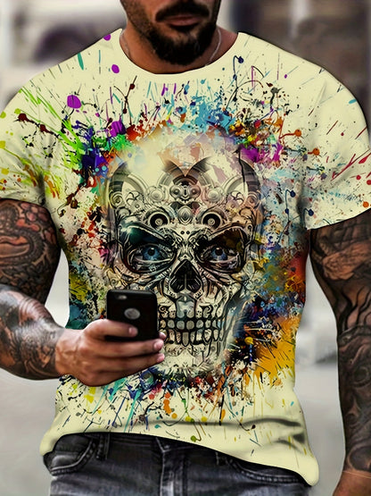 Herren T-Shirt große Größe urbaner Stil mit künstlerischem Totenkopf-Motiv