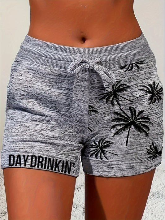 Short de détente femme style vacances avec motif palmiers et inscription "DAY DRINKIN'" – Idéal pour l'été et les loisirs