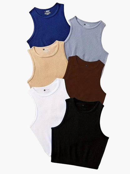 Débardeur sport femme à col rond, style côtelé, lot de 6 – Idéal pour le quotidien et les activités sportives