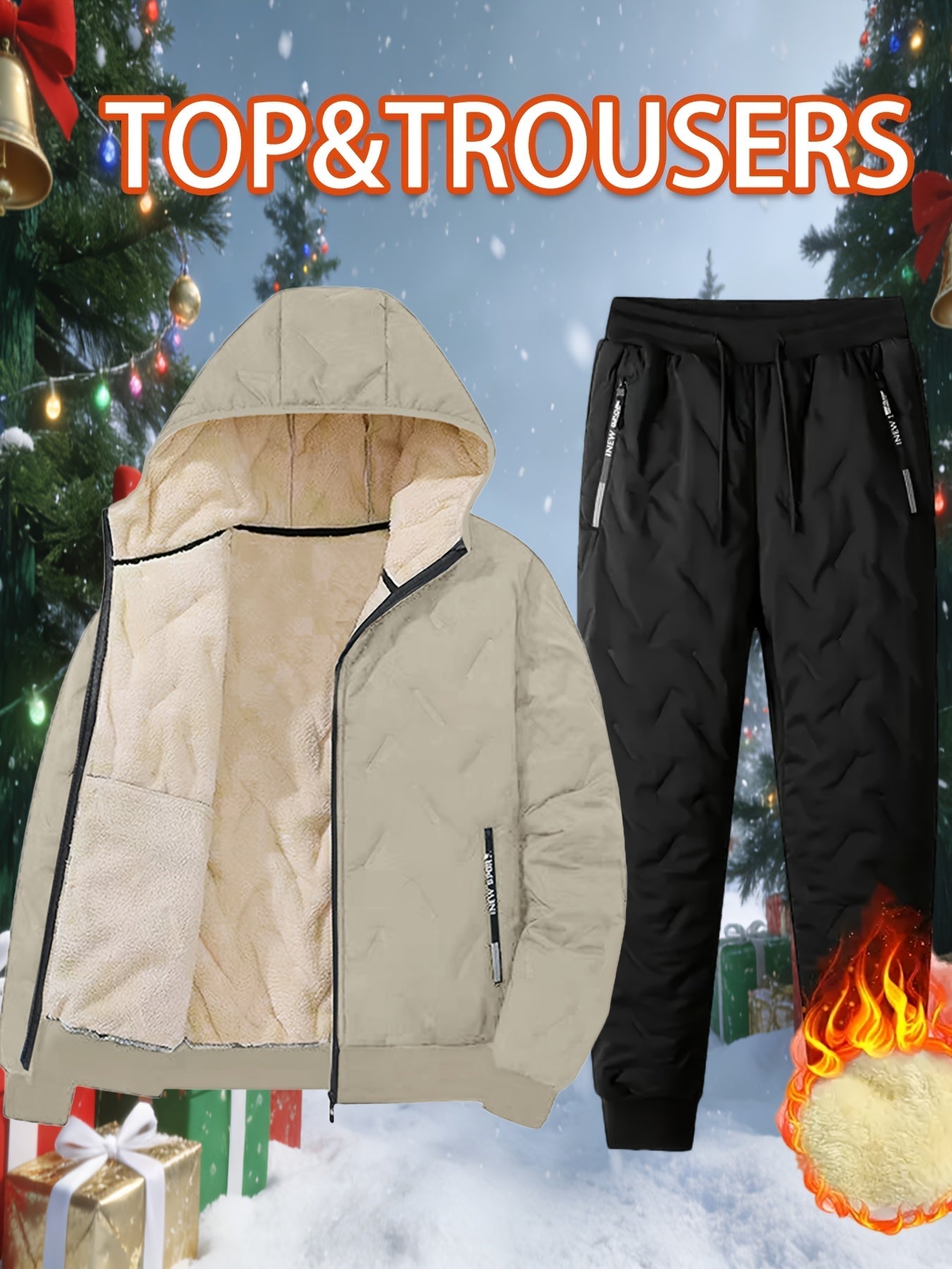 Ensemble Homme Hiver Matelassé Doublure Douce à Capuche - Veste Zippée et Pantalon Jogging