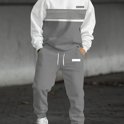 Ensemble Survêtement Homme Bicolore à Capuche et Bandes Horizontales Gris et Noir