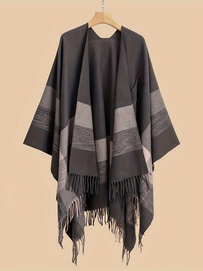 Women's Fringe Trim Open Front Poncho Cape