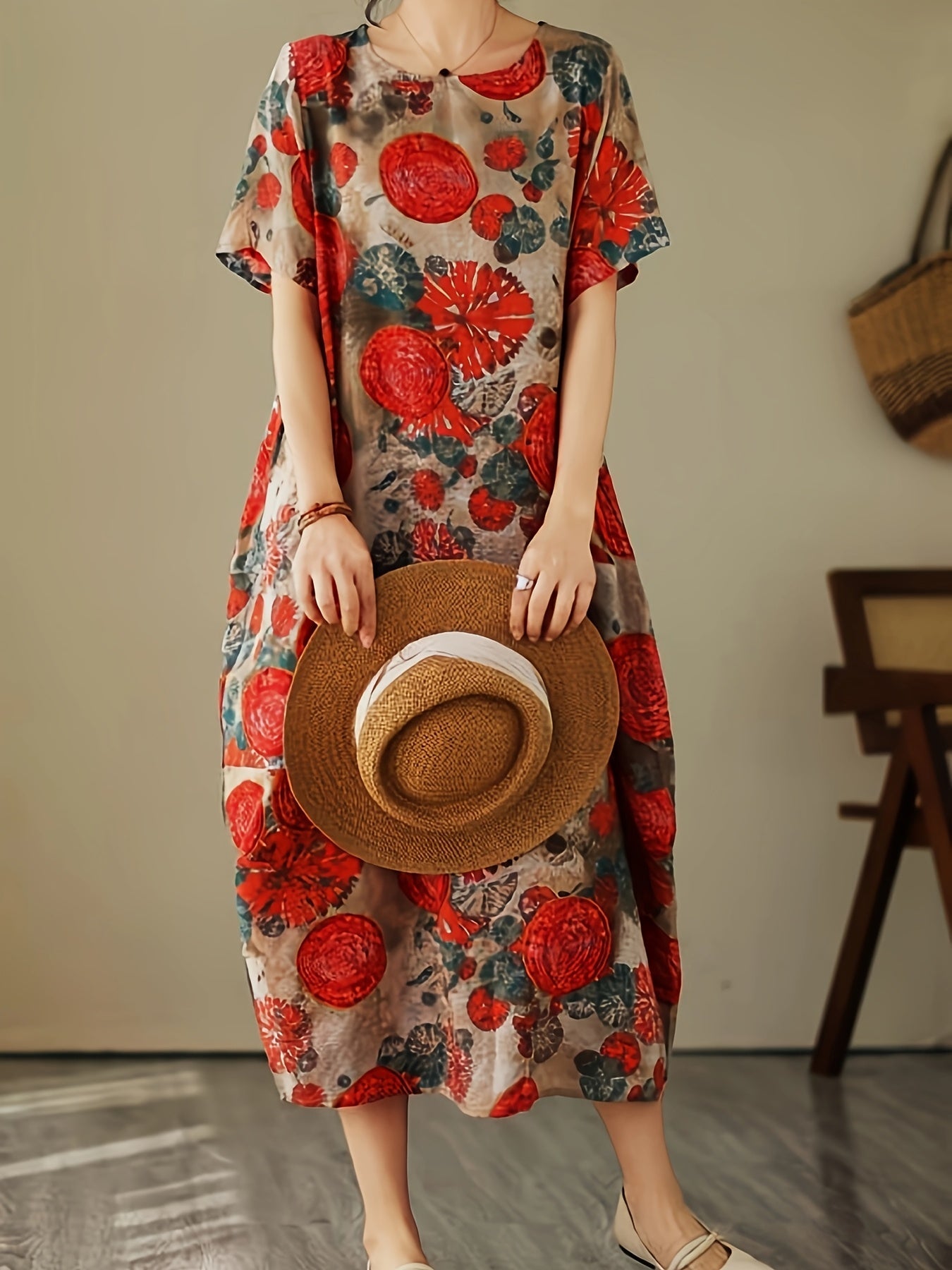 Abito casual a maniche corte da donna stile artistico bohémien ampio con stampa geometrica e botanica