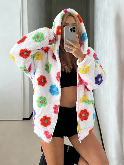 Veste à capuche douce motif fleurs colorées pour femme