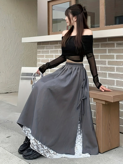 Jupe longue asymétrique femme gris foncé avec dentelle et liens à nouer