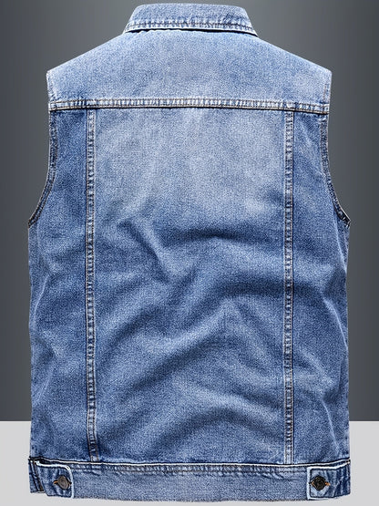 Gilet en Jean sans Manches pour Homme, Boutons Métalliques, Poches Poitrine et Latérales