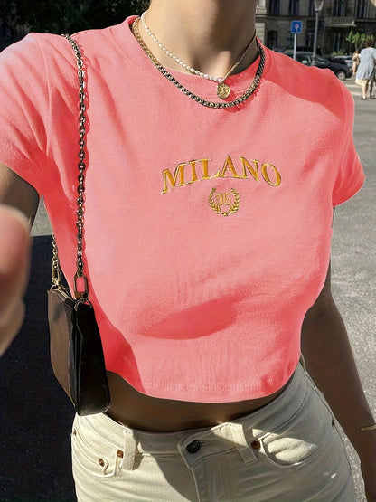 T-shirt court femme style Y2K Milano brodé, tendance été, manches courtes, col rond
