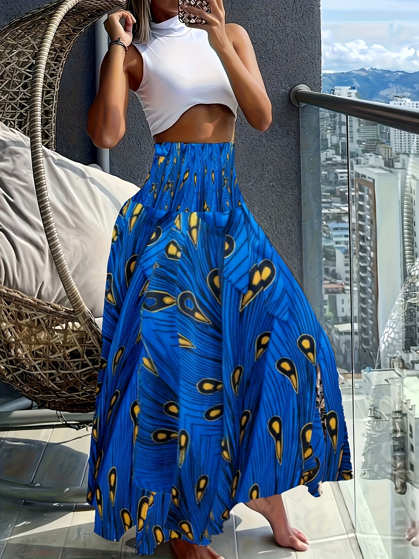 Falda larga de talle alto bohemia para mujer con estampados tropicales para el verano