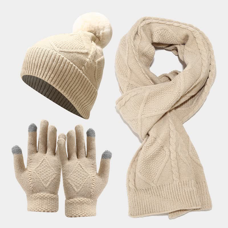 Set met wintermuts, sjaal en touchscreenhandschoenen - ruitmotief, geel