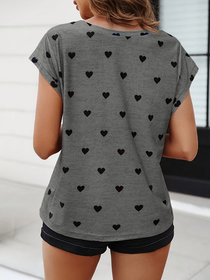 Elegant dam-T-shirt med hjärtmönster, V-ringning, somrig och chic stil