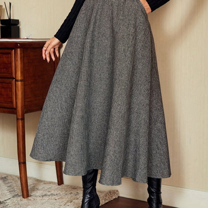 Jupe longue évasée taille haute unie gris chiné pour femme