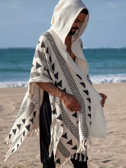 Poncho da spiaggia bohémien da uomo con cappuccio e motivi geometrici – stile festival casuale