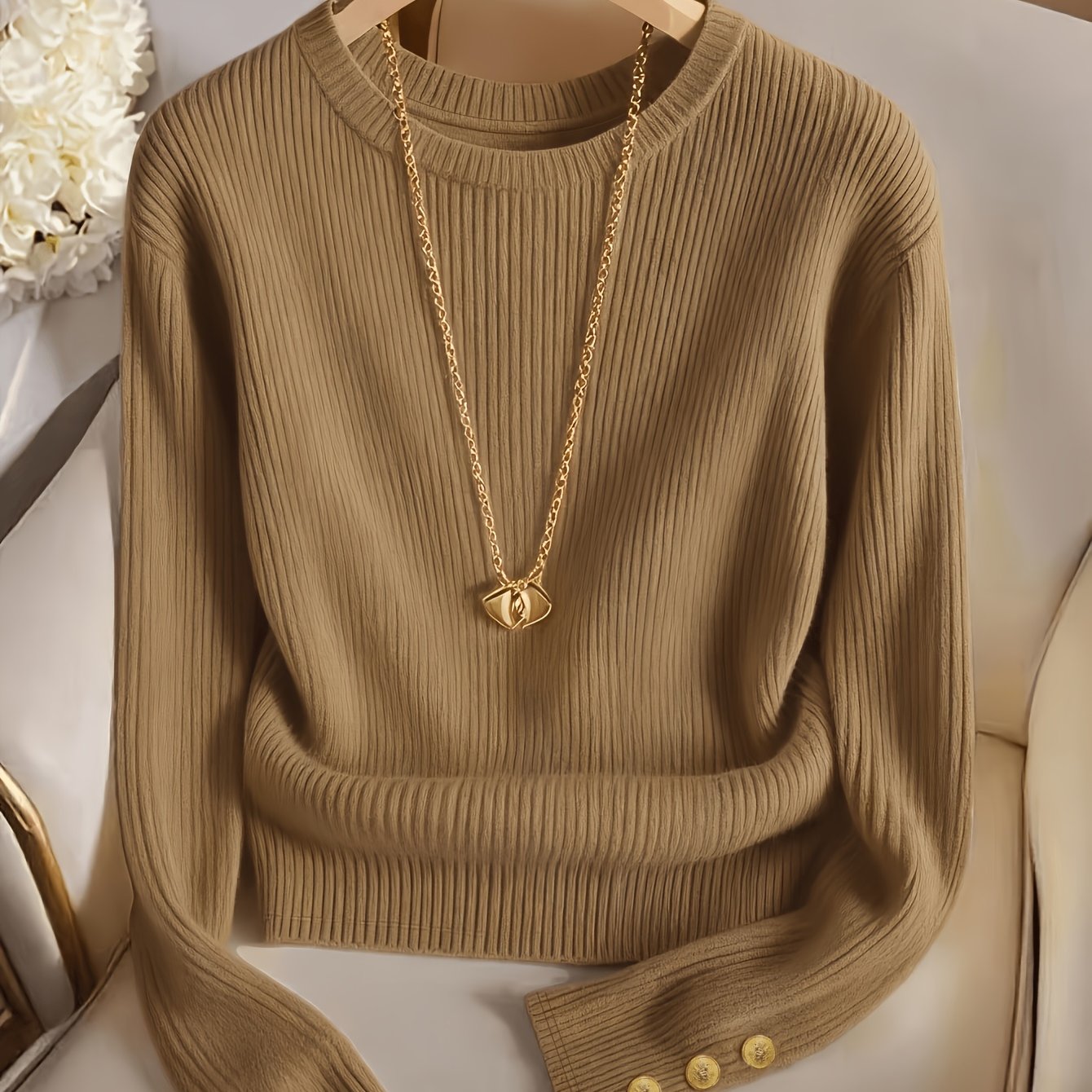 Pull femme marron côtelé col rond manches longues à boutons dorés