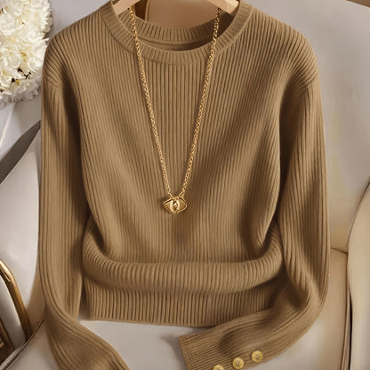 Pull femme marron côtelé col rond manches longues à boutons dorés