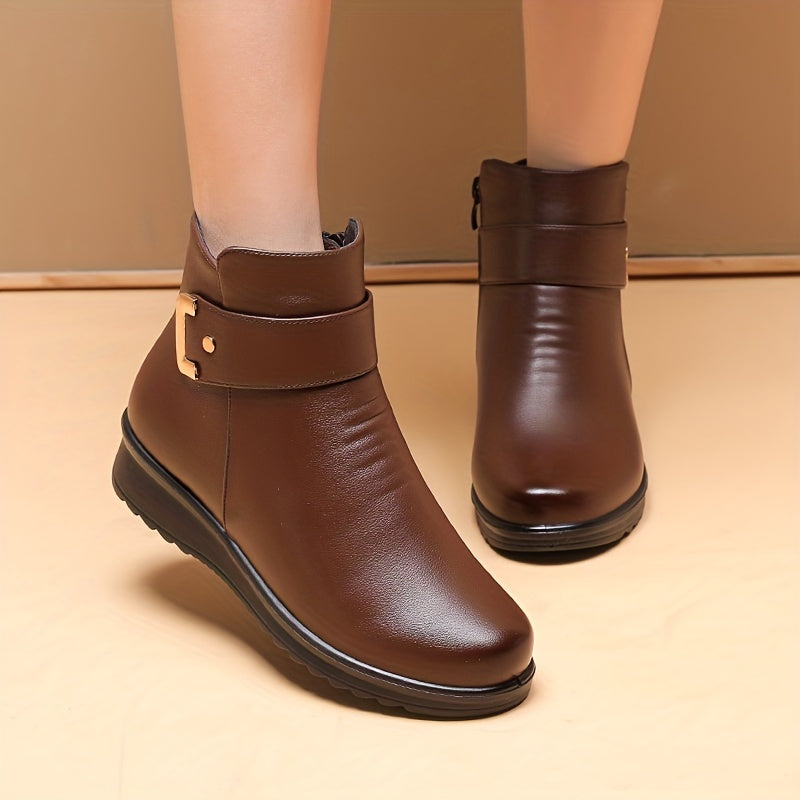 Bottines Femme doublées Chaudes Marron avec Sangle et Boucle Dorée