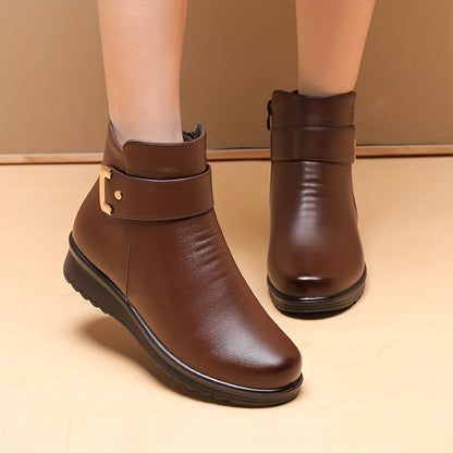 Bottines Femme doublées Chaudes Marron avec Sangle et Boucle Dorée