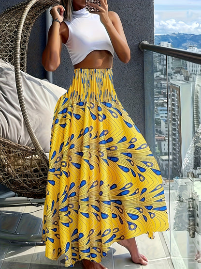 Falda larga de talle alto bohemia para mujer con estampados tropicales para el verano