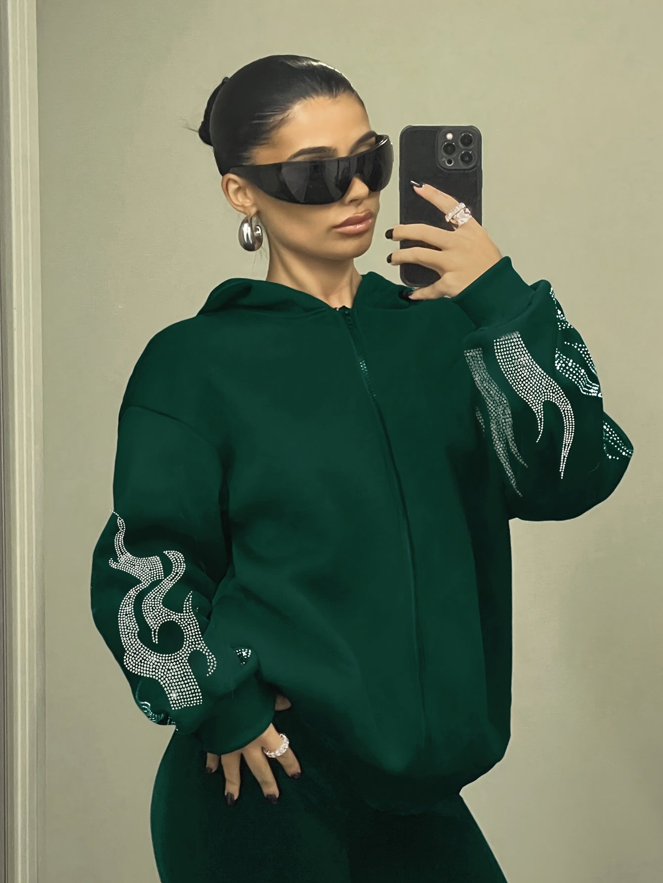 Sweat à Capuche Femme Décontracté Noir Flammé Strass Manches Longues