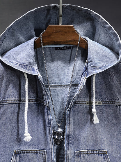Veste sans manches à capuche pour homme en denim noir délavé