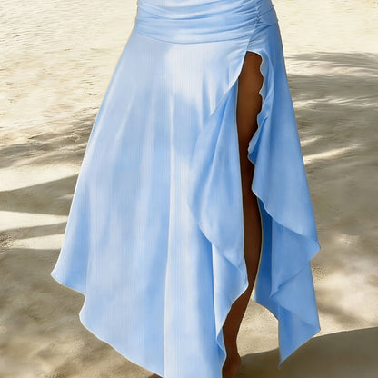Falda larga de playa para mujer estilo bohemio con cintura fruncida y dobladillo asimétrico - Ideal para vacaciones y la costa