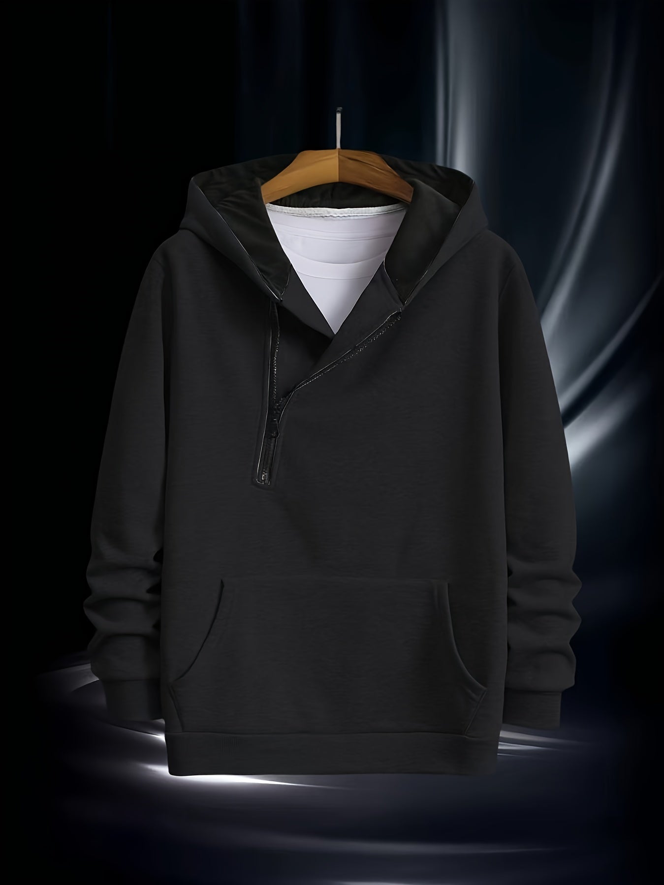 Sweat à Capuche Homme Zippé Asymétrique Couleur Unie avec Poche Kangourou