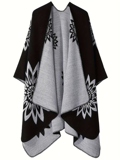 Poncho Réversible Femme Noir Motifs Floraux Blancs et Gris