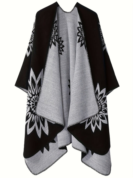 Poncho Réversible Femme Noir Motifs Floraux Blancs et Gris