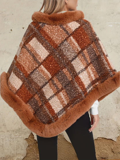 Poncho Femme Chaud Motifs Géométriques et Bordures Imitation Fourrure