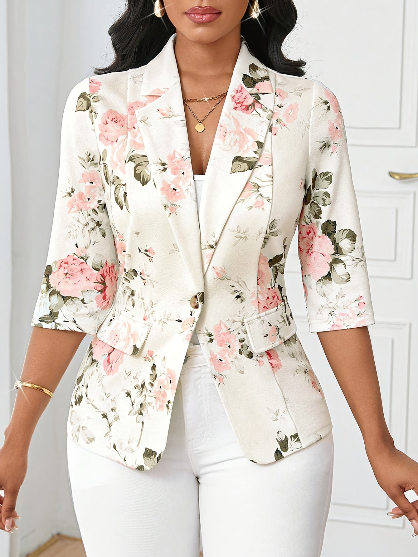 Blazer Femme Élégant à Imprimé Floral, Style Printemps Automne, Manches Trois-Quarts, Idéal pour Bureau et Sorties