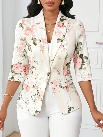 Blazer Femme Élégant à Imprimé Floral, Style Printemps Automne, Manches Trois-Quarts, Idéal pour Bureau et Sorties