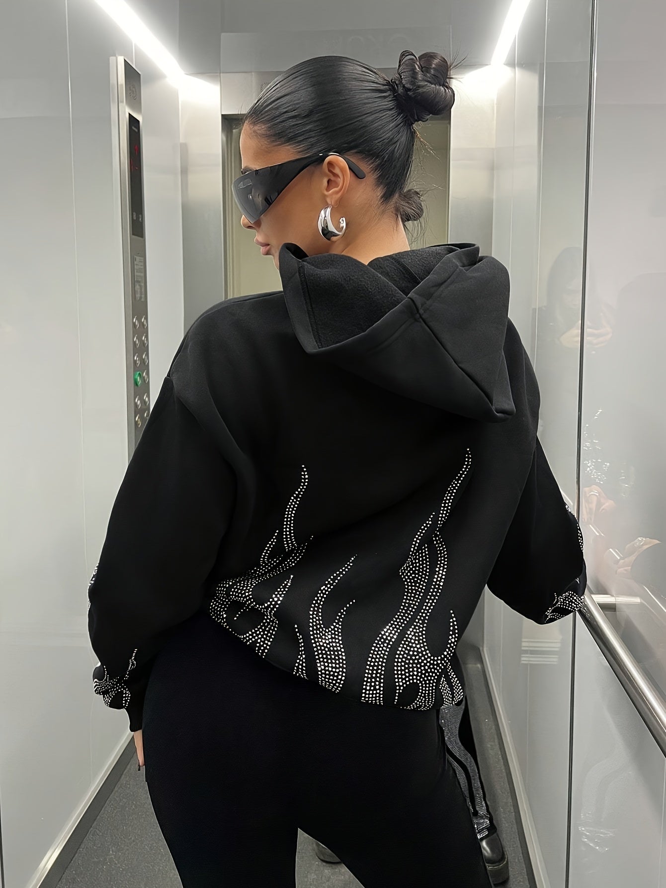 Sweat à Capuche Femme Décontracté Noir Flammé Strass Manches Longues
