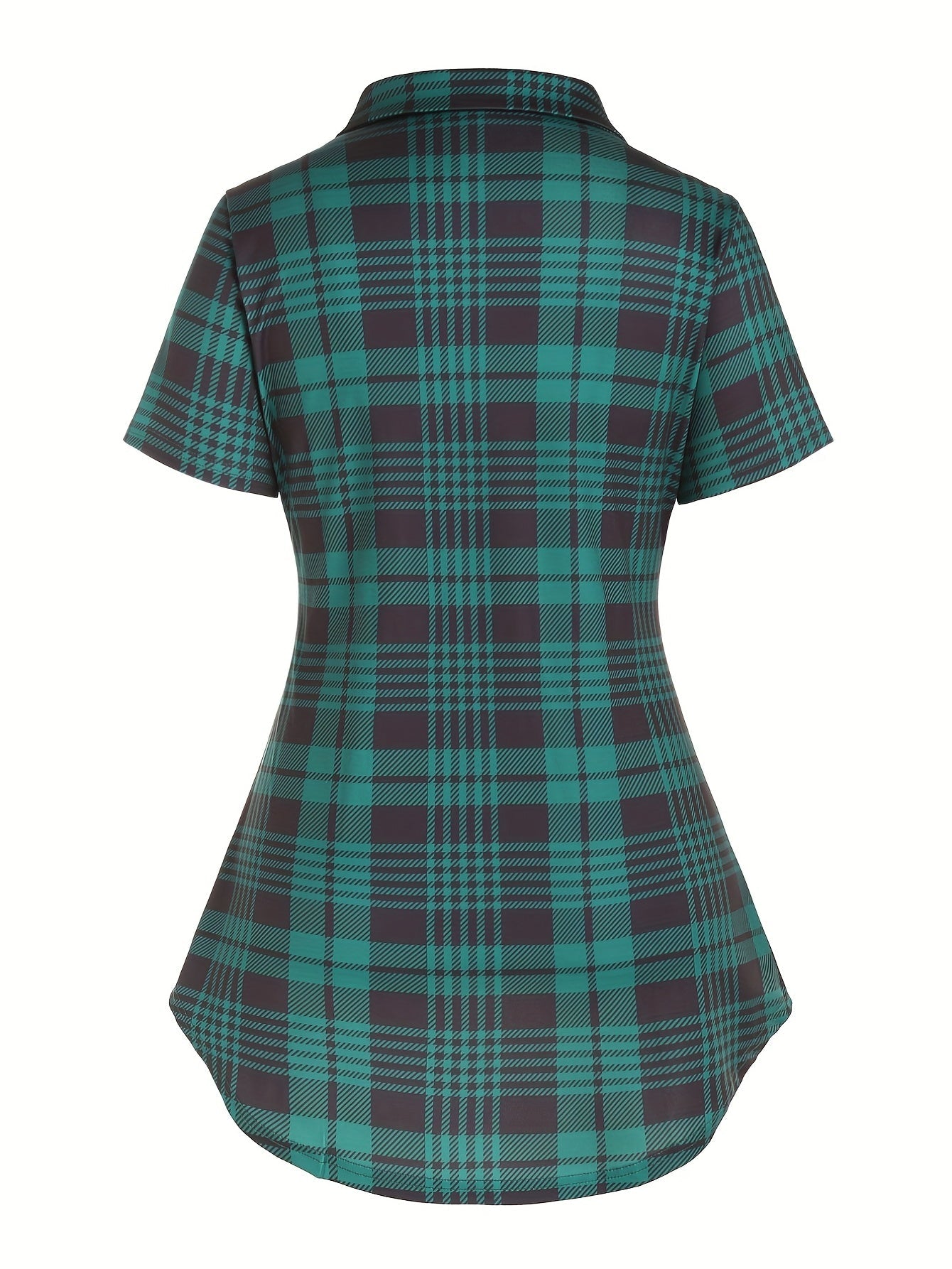 Chemise longue à carreaux style élégant pour femme, manches courtes, col à revers, été
